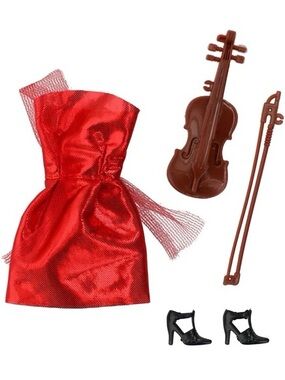 Barbie Red Shiny Dress with Black Heels & Brown Violin Accessory
